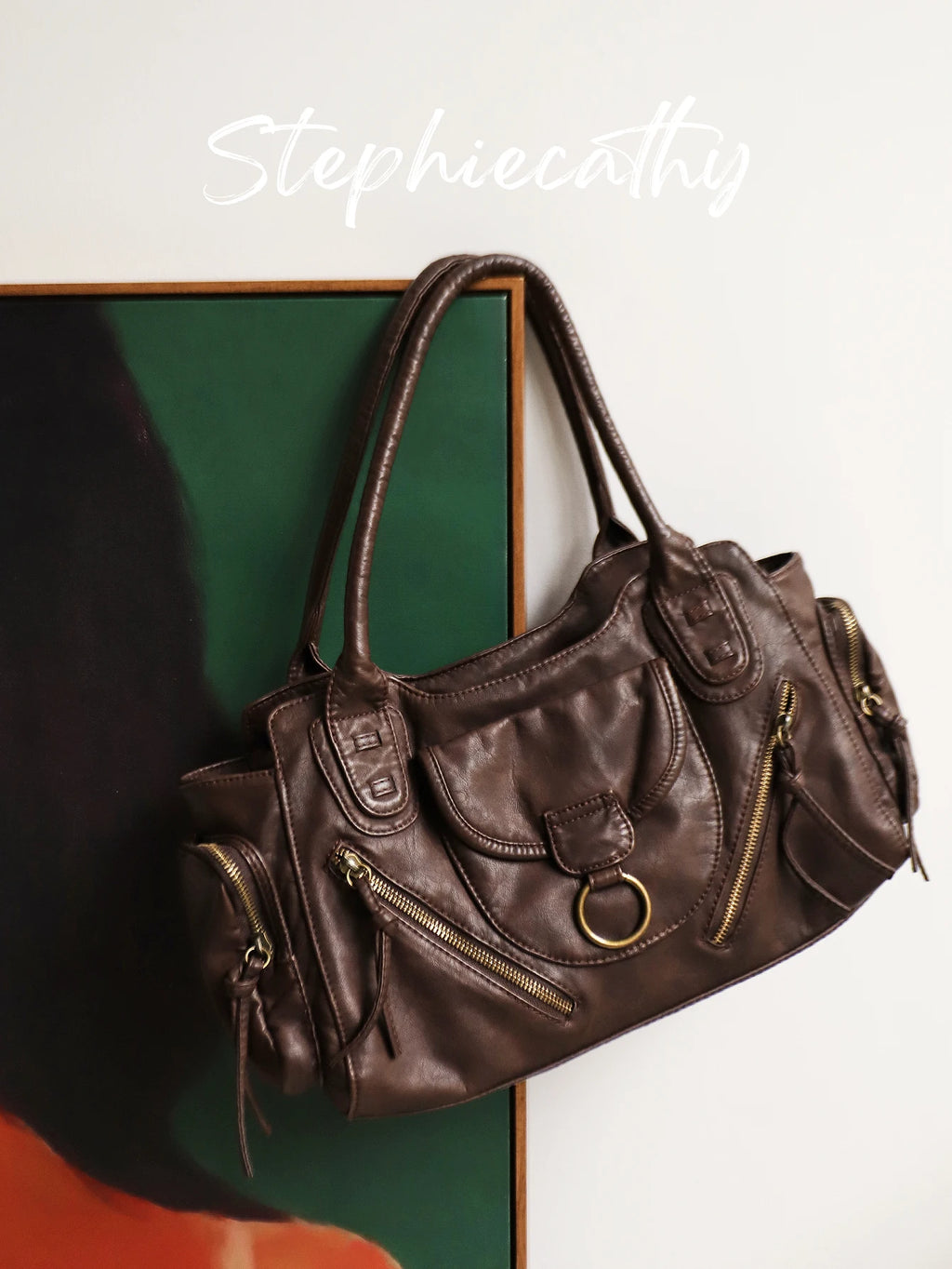 Women's Shoulder Bag Retro Cool Preppy Handbag Washed PU Leather Multi Pockets Large Tote Purse Casual Daily Commute Travel Y2K