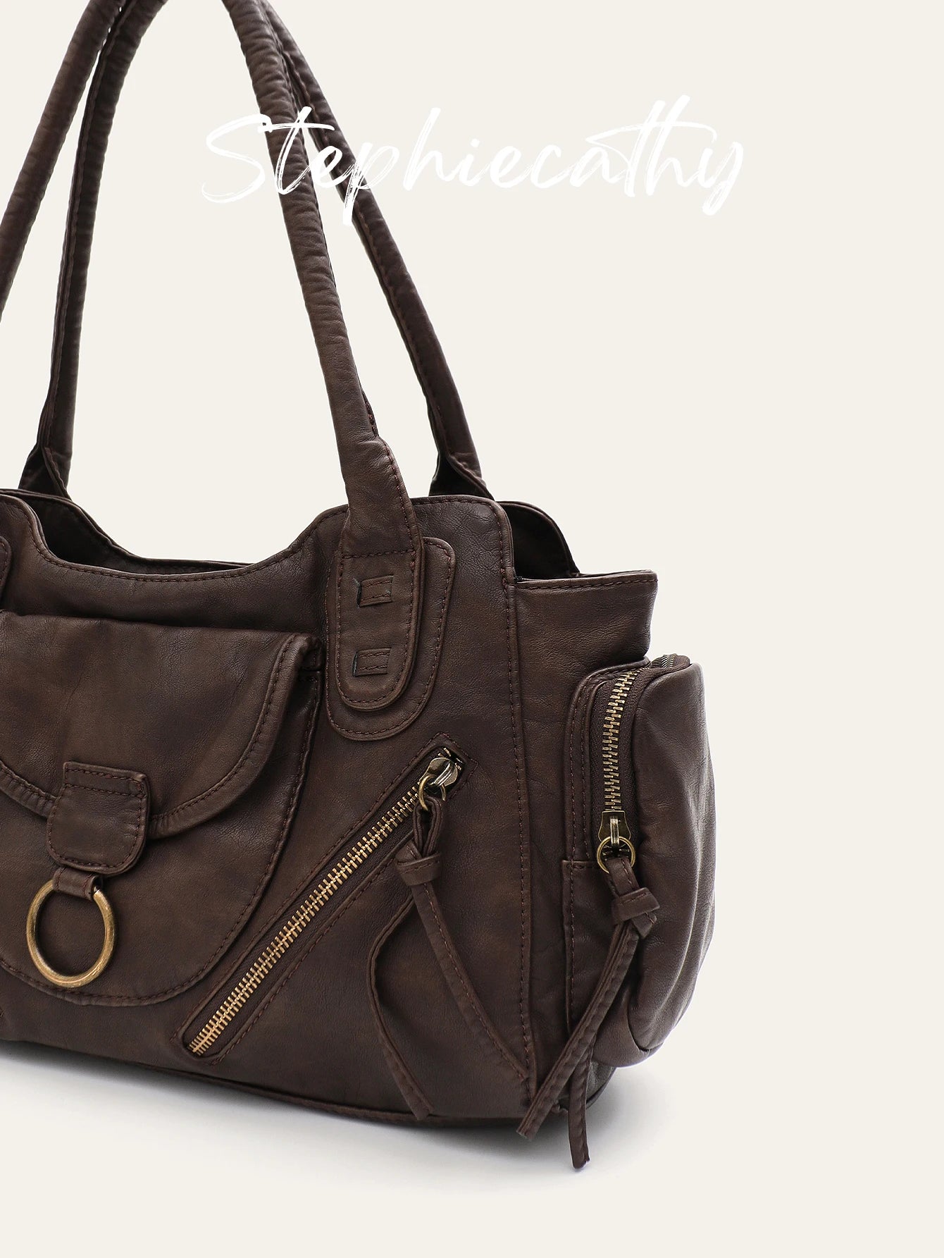 Women's Shoulder Bag Retro Cool Preppy Handbag Washed PU Leather Multi Pockets Large Tote Purse Casual Daily Commute Travel Y2K